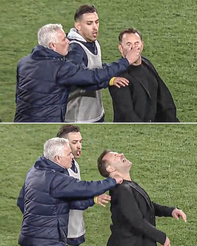 Pelatih Fenerbahce, Jose Mourinho terlihat mencubit hidung dari pelatih Galatasaray, Okan Buruk. Foto Dok X/ESPN FC