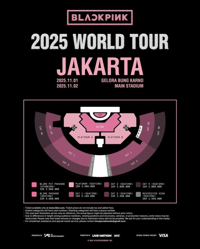 pihak IME Indonesia selaku promotor resmi merilis harga tiket dan denah tempat duduk (seatplan) untuk konser BLACKPINK World Tour 2025 yang bertajuk “DEADLINE”