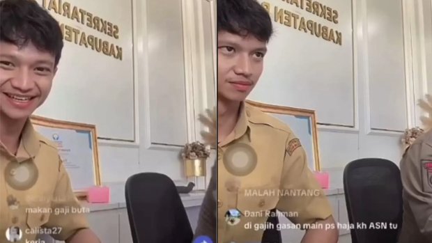 ASN Sekertariat Daerah Kabupaten Bangalan yang sedang melakukan Live TikTok sambil bermain PS di kantor (Foto: X/@Heraloebss)