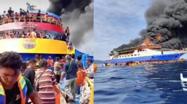 Kapal laut KM Barcelona V dari Kabupaten Kepulauan Talaud menuju Pelabuhan Manado, Sulawesi Utara, terbakar, Minggu (20/7/2025). Kebakaran itu pun disiarkan langsung penumpang yang telah melompat ke laut.