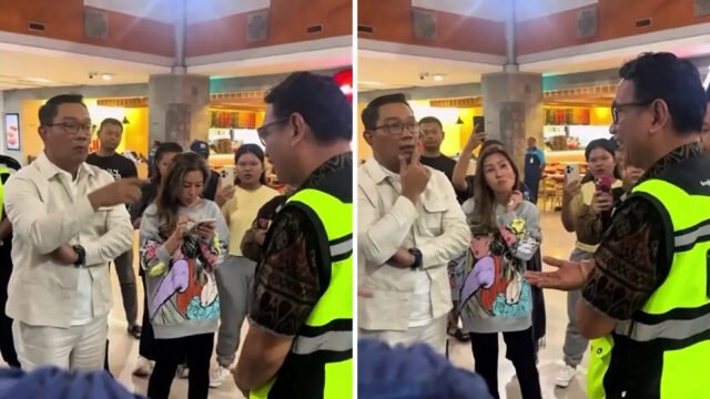 Ridwan Kamil berdiri bersama penumpang lainnya dan ikut mempertanyakan kejelasan kepada petugas bandara. foto: Instagram/@infojawabarat