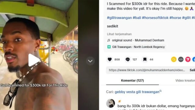 Turis asing: keluhkan tarif naik cidomo di Gili Trawangan. Foto: Tangkapan layar TikTok/muhammaddenham