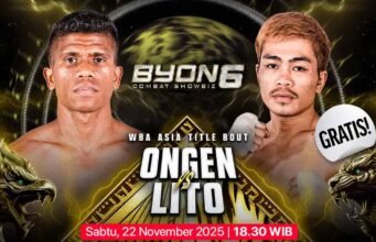 Lito ‘The Brave Heart’ Badenas Taklukkan Ongen Saknosiwi via KO di BYON Combat Showbiz Vol. 6 BYON Combat Showbiz Vol. 6 mempertemukan Ongen Saknosiwi (Indonesia) dan Lito Badenas (Filipina). Foto Dok Byon