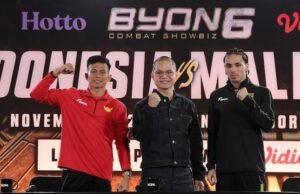 Duel Ronal Siahaan vs Putra Abdullah Berakhir Imbang, Malaysia Tetap Unggul 5-4 di Byon Combat Showbiz Vol. 6 Petarung mengikuti jumpa pers Byon Combat Showbiz Vol. 6 di Tennis Indoor, Senayan, Jumat (21/11/2025). (c) Bola.net/M Iqbal Ichsan