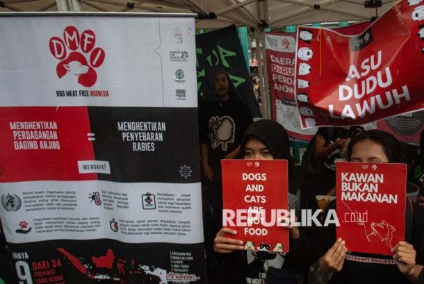 Aktivis yang tergabung dalam Koalisi Dog Meat Free Indonesia melakukan aksi damai Stop Perdagangan Anjing di Yogyakarta, di Stadion Mandala Krida, Yogyakarta, Senin (17/2/2025). Aksi tersebut sebagai kampanye untuk menghentikan perdagangan daging anjing yang dinilai kejam terhadap hewan, ilegal serta berbahaya bagi kesehatan masyarakat. - (ANTARA FOTO/Andreas Fitri Atmoko)