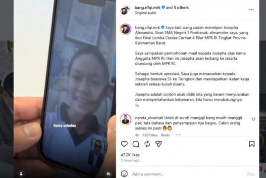 Viral Usai Protes Juri LCC MPR, Siswi SMAN 1 Pontianak Diundang ke Jakarta dan Ditawari Beasiswa ke China Panggilan video Ketua Komisi II DPR RI, Rifqinizamy dengan Siswi SMAN 1 Pontianak, Josepha soal Lomba Cerdas Cermat. Foto: Instagram bang.rifqy.mrk.