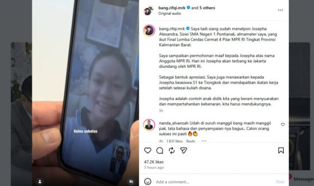 Panggilan video Ketua Komisi II DPR RI, Rifqinizamy dengan Siswi SMAN 1 Pontianak, Josepha soal Lomba Cerdas Cermat. Foto: Instagram bang.rifqy.mrk.