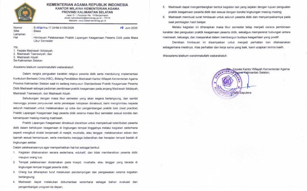 Surat Himbauan Nomor B-1030/Kw.17.2/HM.01/06/2026 yang ditandatangani Plt. Kepala Kanwil Kemenag Kalimantan Selatan, Hadi Saputera.