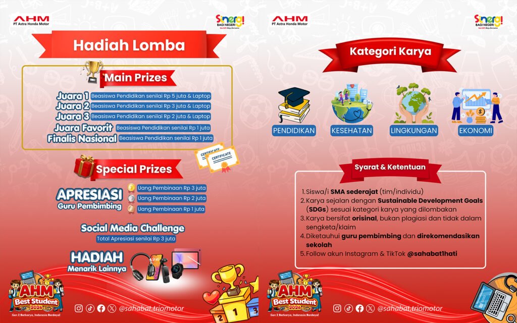 PT Trio Motor kembali membuka pendaftaran AHM Best Student 2026 bagi pelajar SMA/sederajat di Kalimantan Selatan dan Kalimantan Tengah.