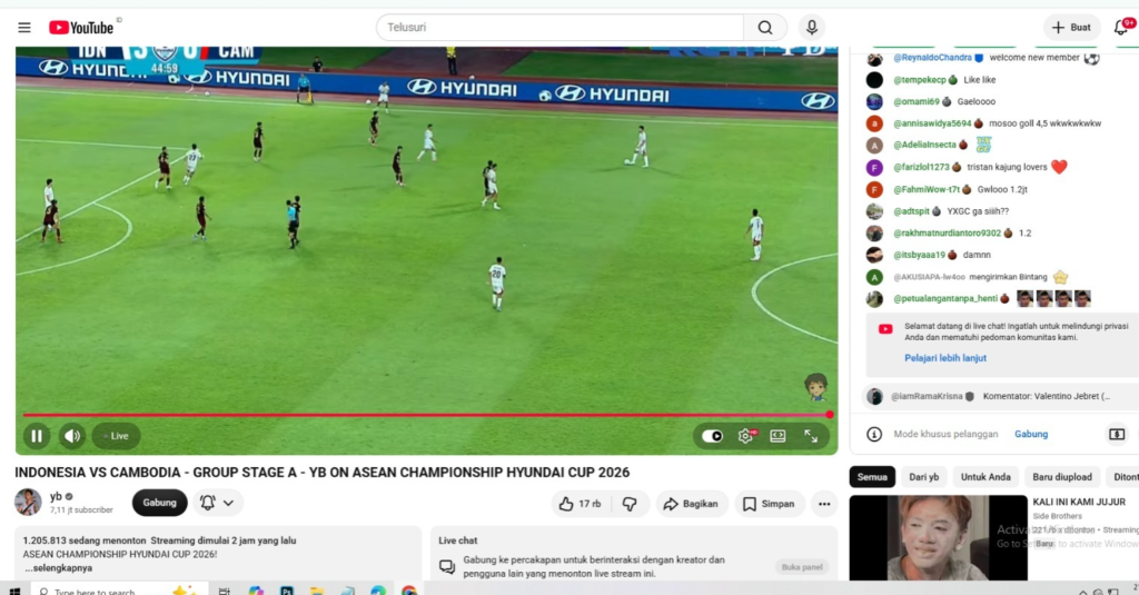 
INDONESIA VS CAMBODIA - GROUP STAGE A - YB ON ASEAN CHAMPIONSHIP HYUNDAI CUP 2026. Tangkapan layar Youtube YB