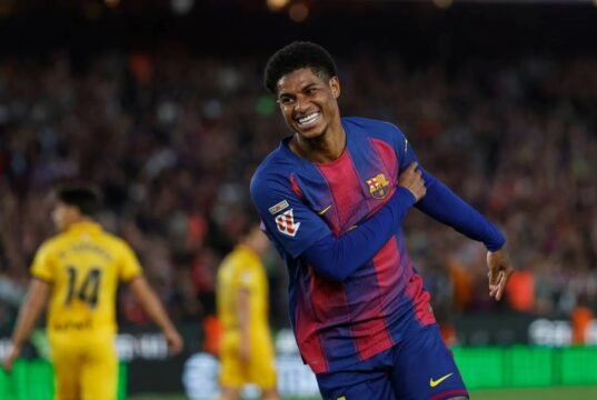 Barcelona Belum Menyerah Kejar Marcus Rashford, Bisa Jadi Opsi di Akhir Bursa Transfer Barcelona's Marcus Rashford celebrates after scoring his side's fourth goal during the Spanish La Liga match between Barcelona and Espanyol in Barcelona, Spain, Saturday, April 11, 2026. (AP)