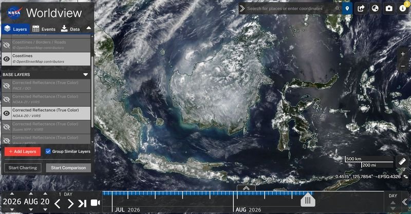 Kalimantan dilihat dari luar angkasa yang saat ini terancam kebakaran hutan dan lahan (karhutla) Foto: Screenshot NASA Worldview